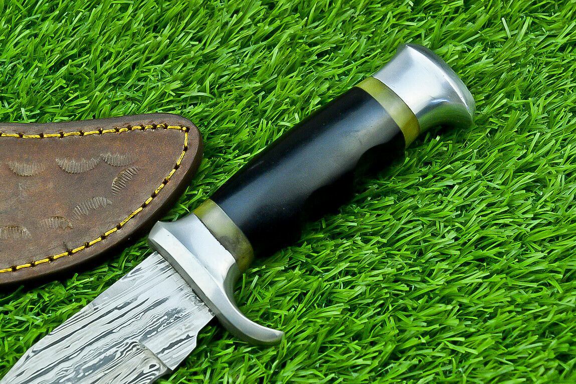 Damascus Bowie Knife with Bull Horn and Wood Handle for Hunting and Camping