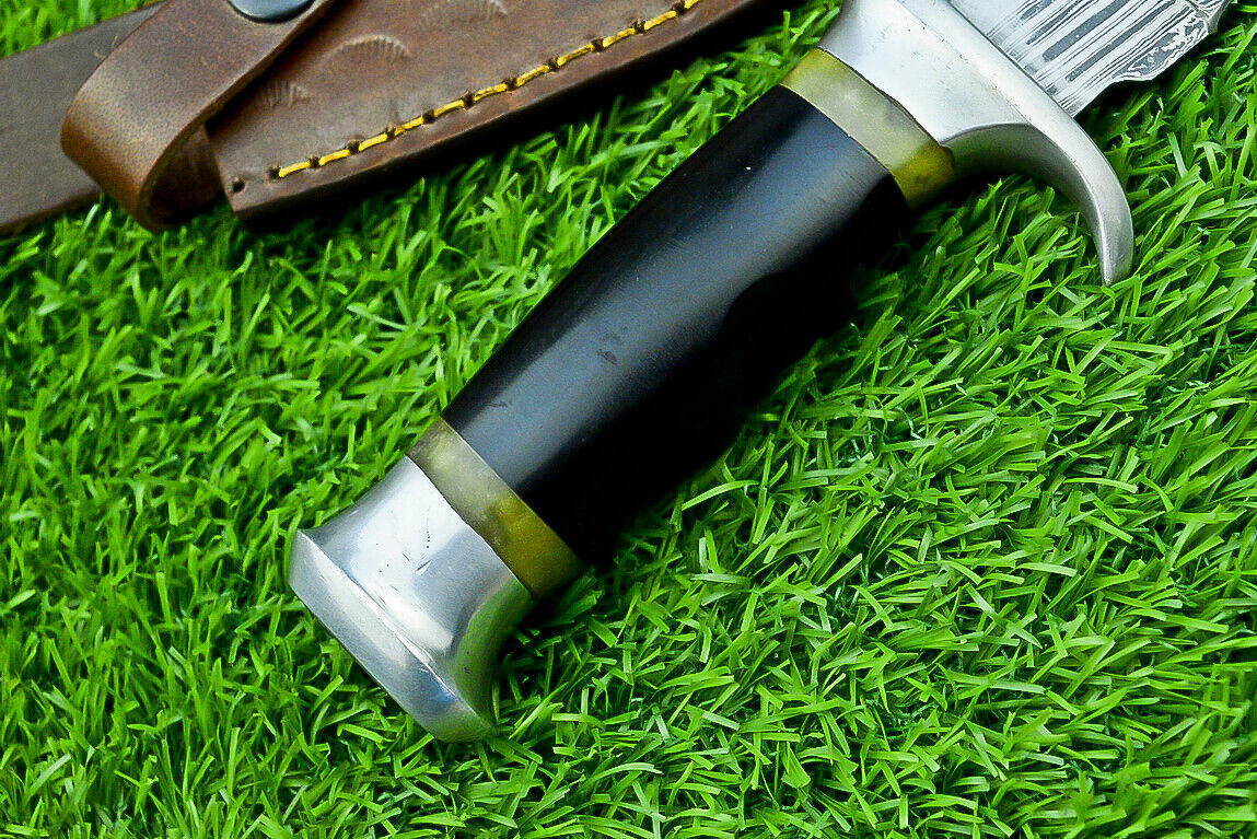 Damascus Bowie Knife with Bull Horn and Wood Handle for Hunting and Camping