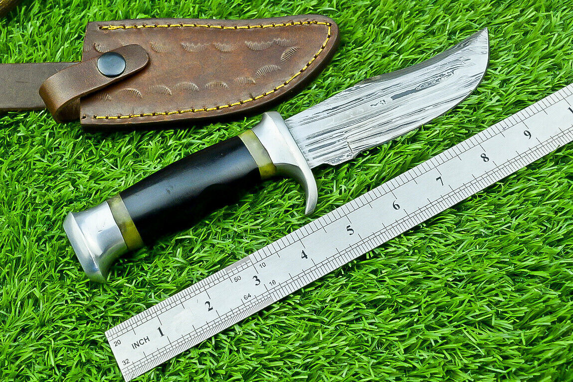 Damascus Bowie Knife with Bull Horn and Wood Handle for Hunting and Camping