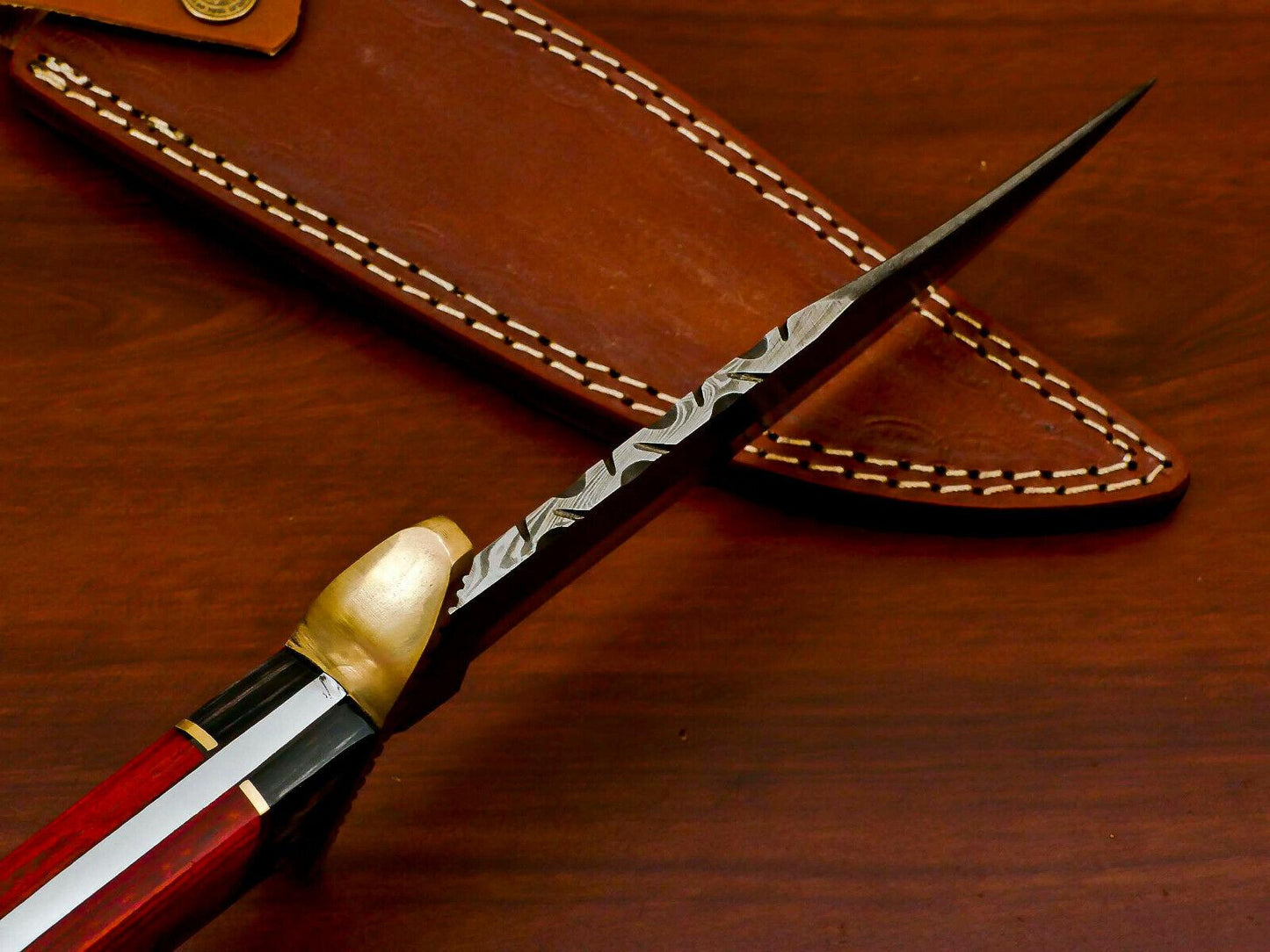 Hand Forged Damascus Steel Full Tang Bowie Hunting Knife | Hardwood Handle & Brass Guard