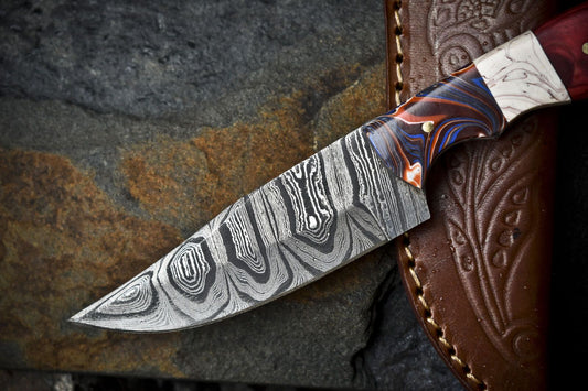 Custom Twist Damascus Skinner Knife with Hardwood Handle and Micarta Bolster – Hand Forged Hunting Blade