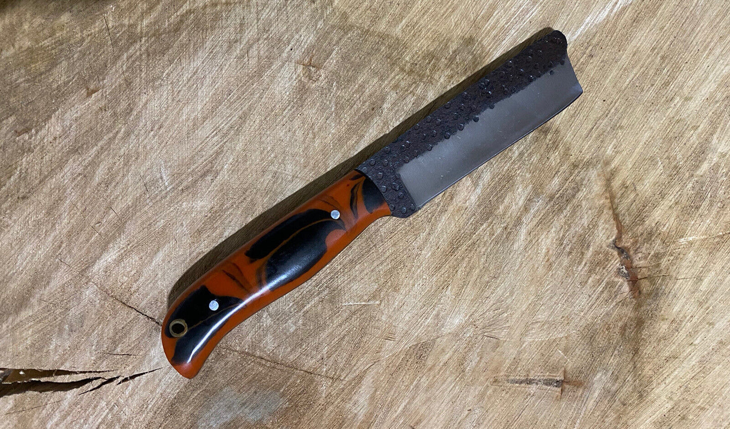 Hand Forged Railroad High Carbon Steel 8" Cowboy/Bull Cutter Hunting Knife | Resin Handle & Leather Sheath
