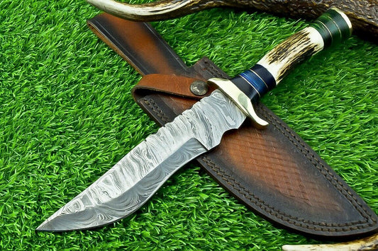 11 Inch Damascus Steel Bowie Knife with Stag Horn and Hardwood Handle