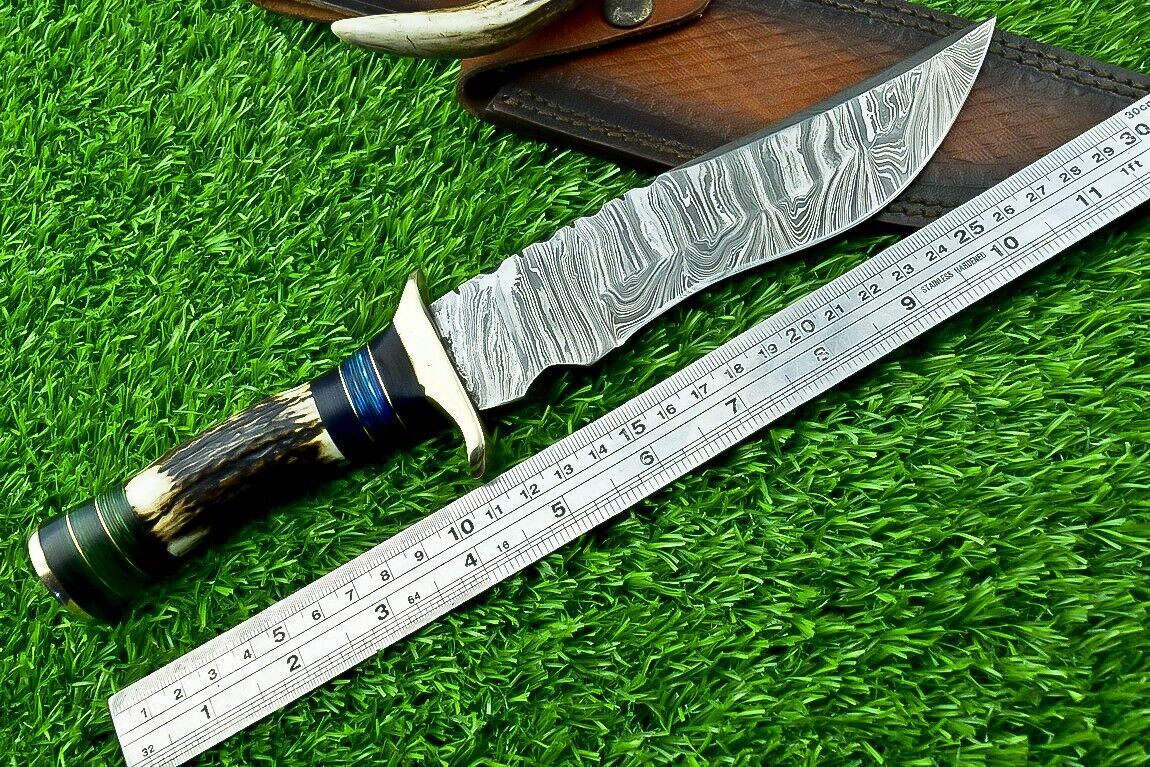 11 Inch Damascus Steel Bowie Knife with Stag Horn and Hardwood Handle