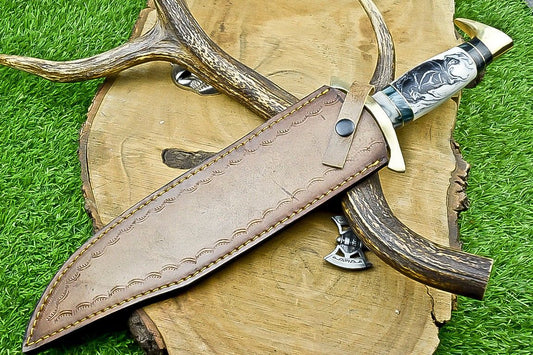 17" Premium Handmade Damascus Steel Bowie Knife – Outdoor Hunting Knife with Leather Sheath