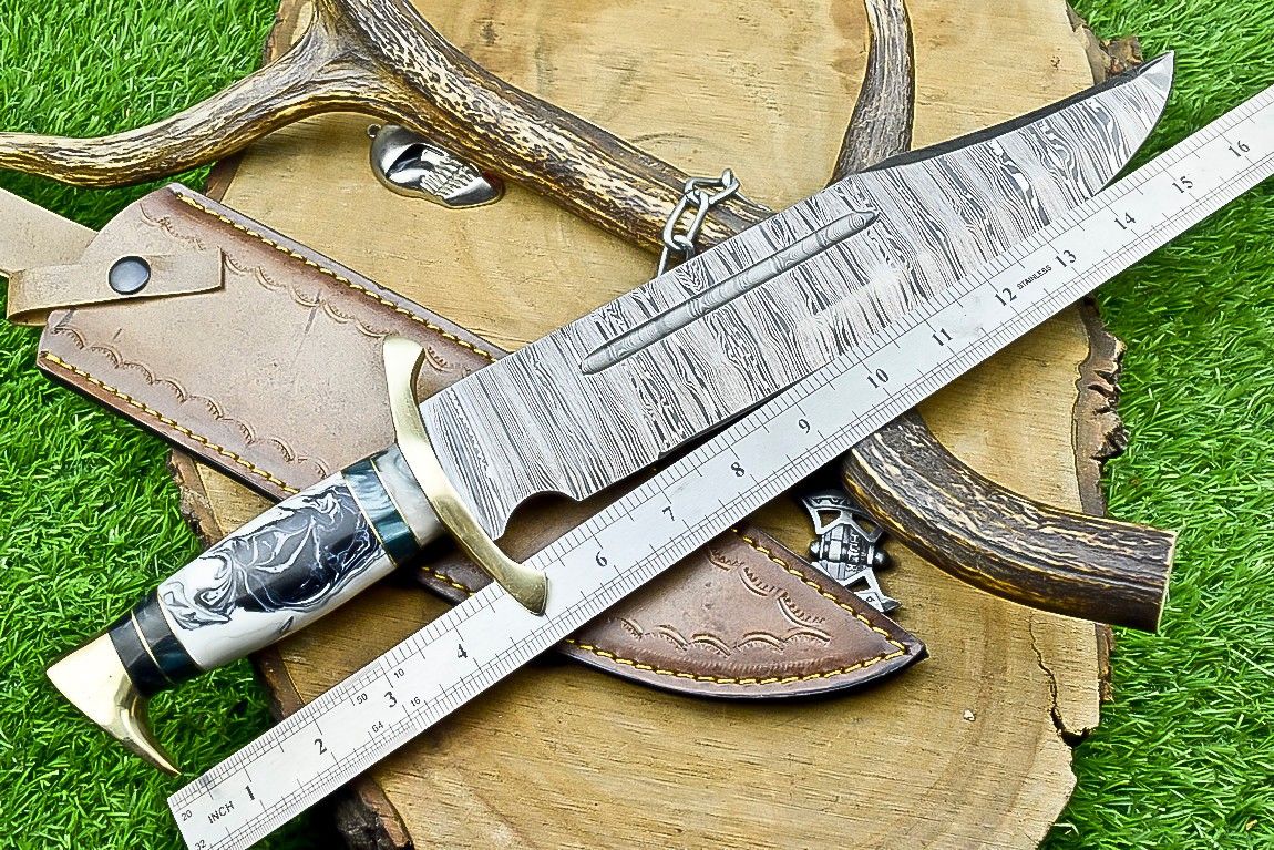 17" Damascus Steel Bowie Knife – Resin & Camel Bone Handle with Brass Bolster