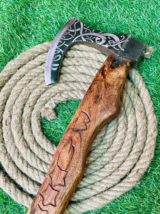 Handmade Forged Steel Viking Bearded Axe with Wood Handle and Leather Sheath