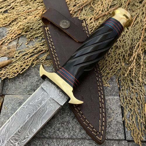 15" Custom Hand Forged Damascus Dagger Bowie – Hunting Knife with Leather Sheath