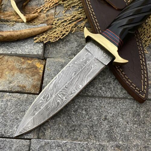 15" Custom Hand Forged Damascus Dagger Bowie – Hunting Knife with Leather Sheath