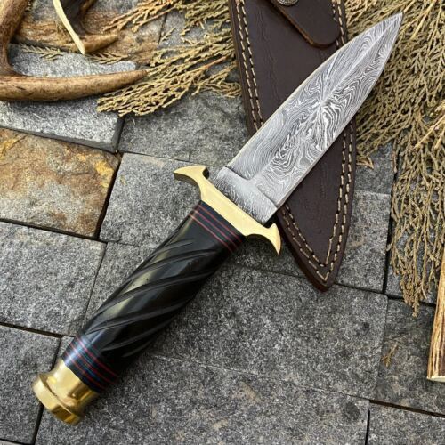 15" Custom Hand Forged Damascus Dagger Bowie – Hunting Knife with Leather Sheath