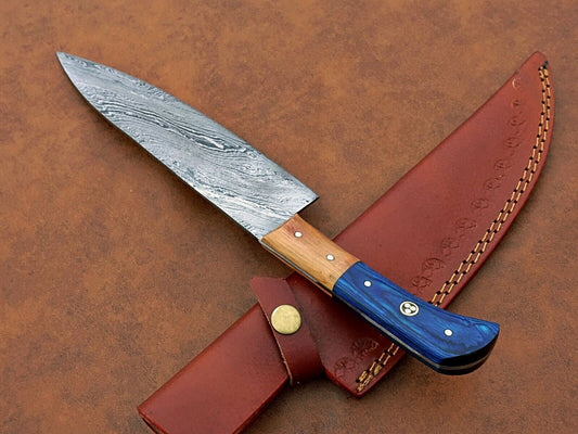 Custom Hand-Forged Damascus Steel Chef Knife | Camping & Kitchen Multipurpose Knife with Leather Sheath