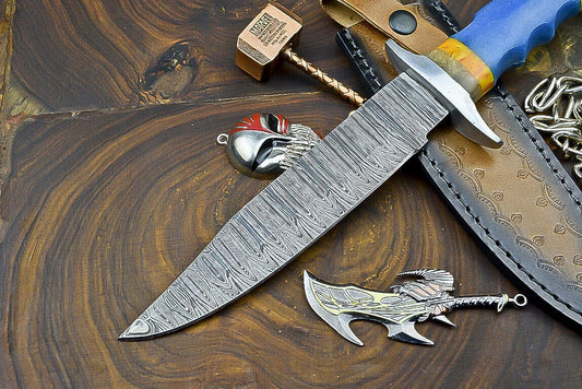 Heritage Forge 12 Inch Damascus Steel Hunting Knife with Resin Handle and Leather Sheath