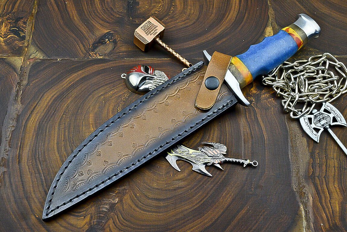 Heritage Forge 12 Inch Damascus Steel Hunting Knife with Resin Handle and Leather Sheath