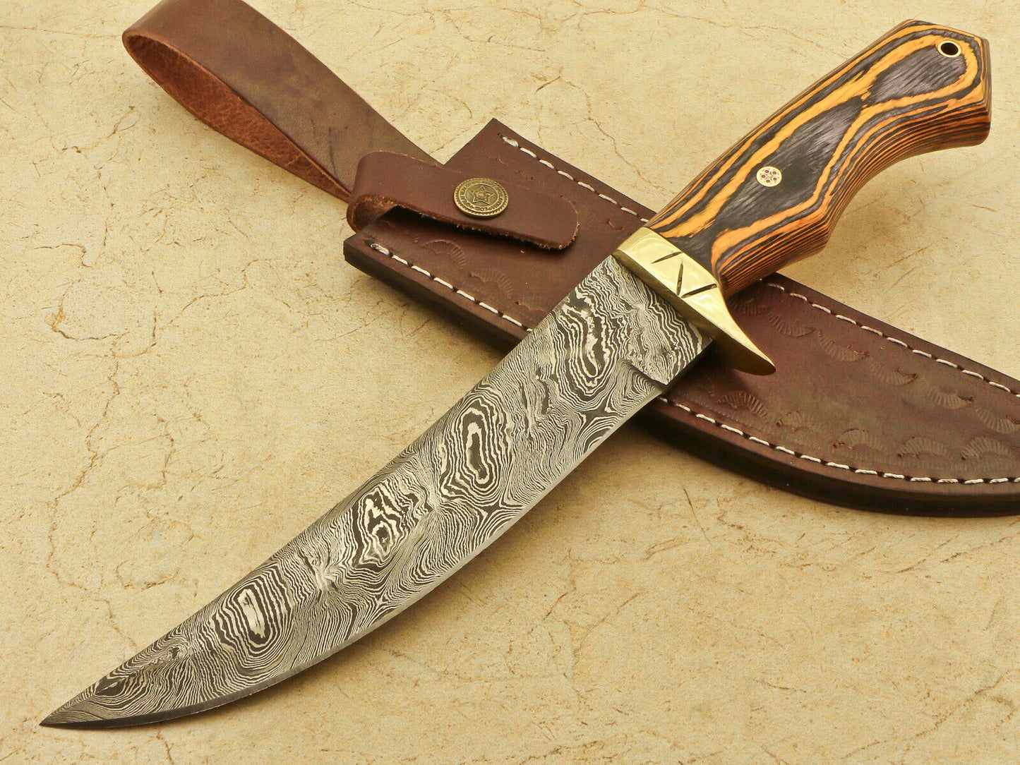 12" Handmade Damascus Bowie Knife – Pakka Wood Handle & Brass Guard