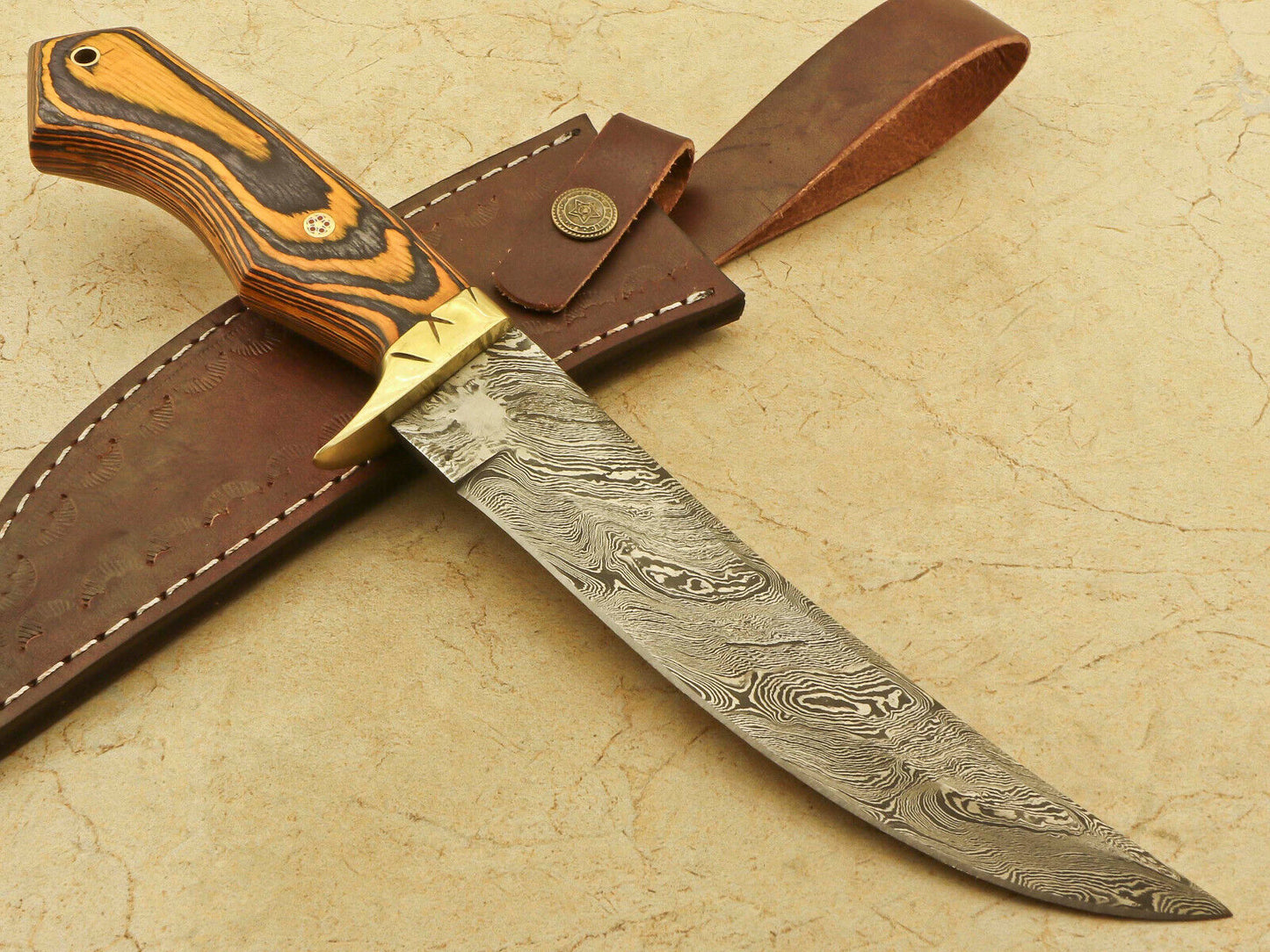 12" Handmade Damascus Bowie Knife – Pakka Wood Handle & Brass Guard