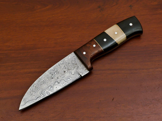 Custom Damascus Hunting Knife with Camel Bone Rose Wood and Bull Horn Handle