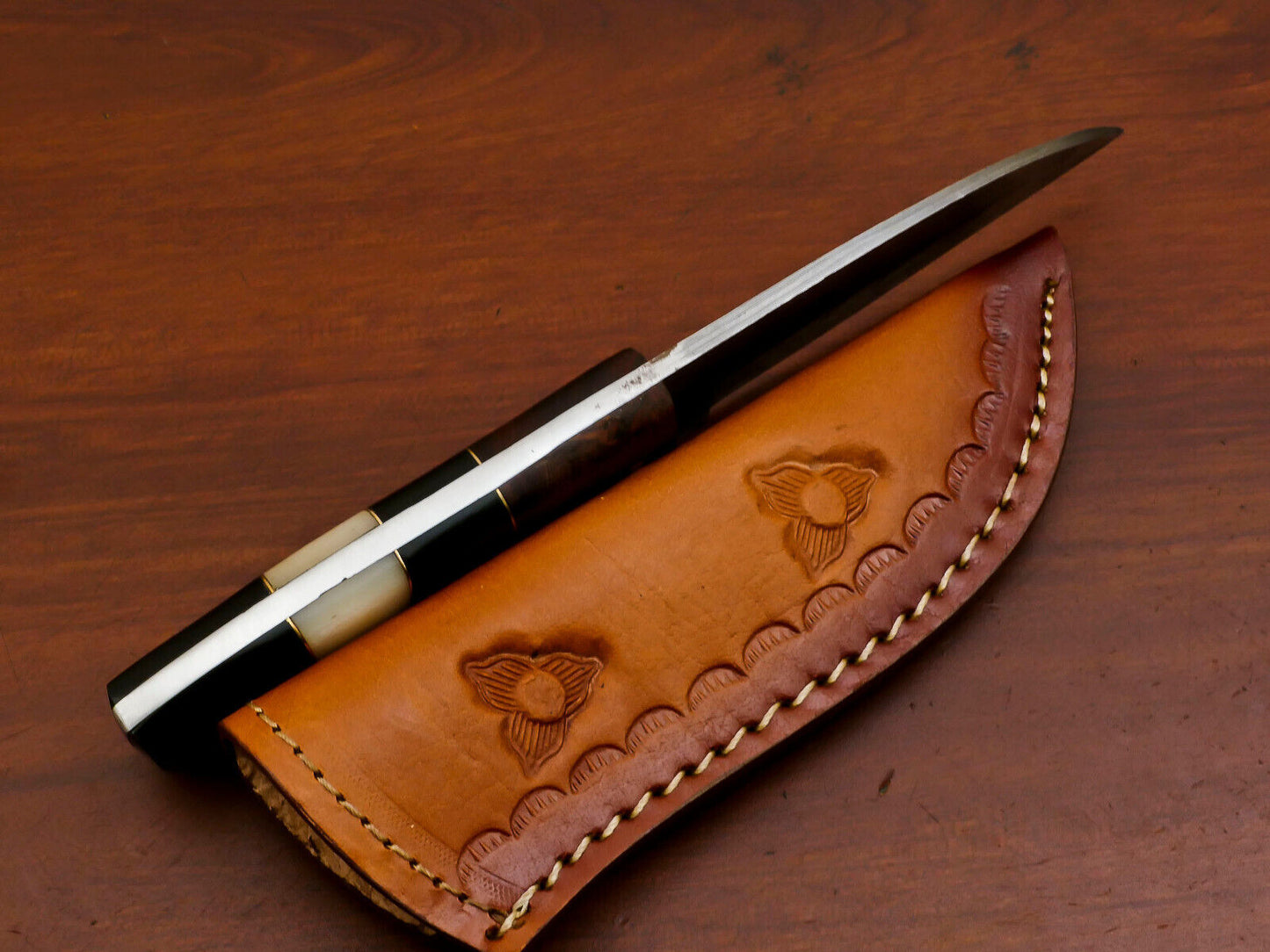 Custom Damascus Hunting Knife with Camel Bone Rose Wood and Bull Horn Handle