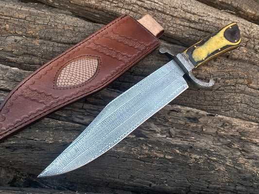 15" Twisted Damascus Steel Bowie Knife with Hardwood Handle & Leather Sheath