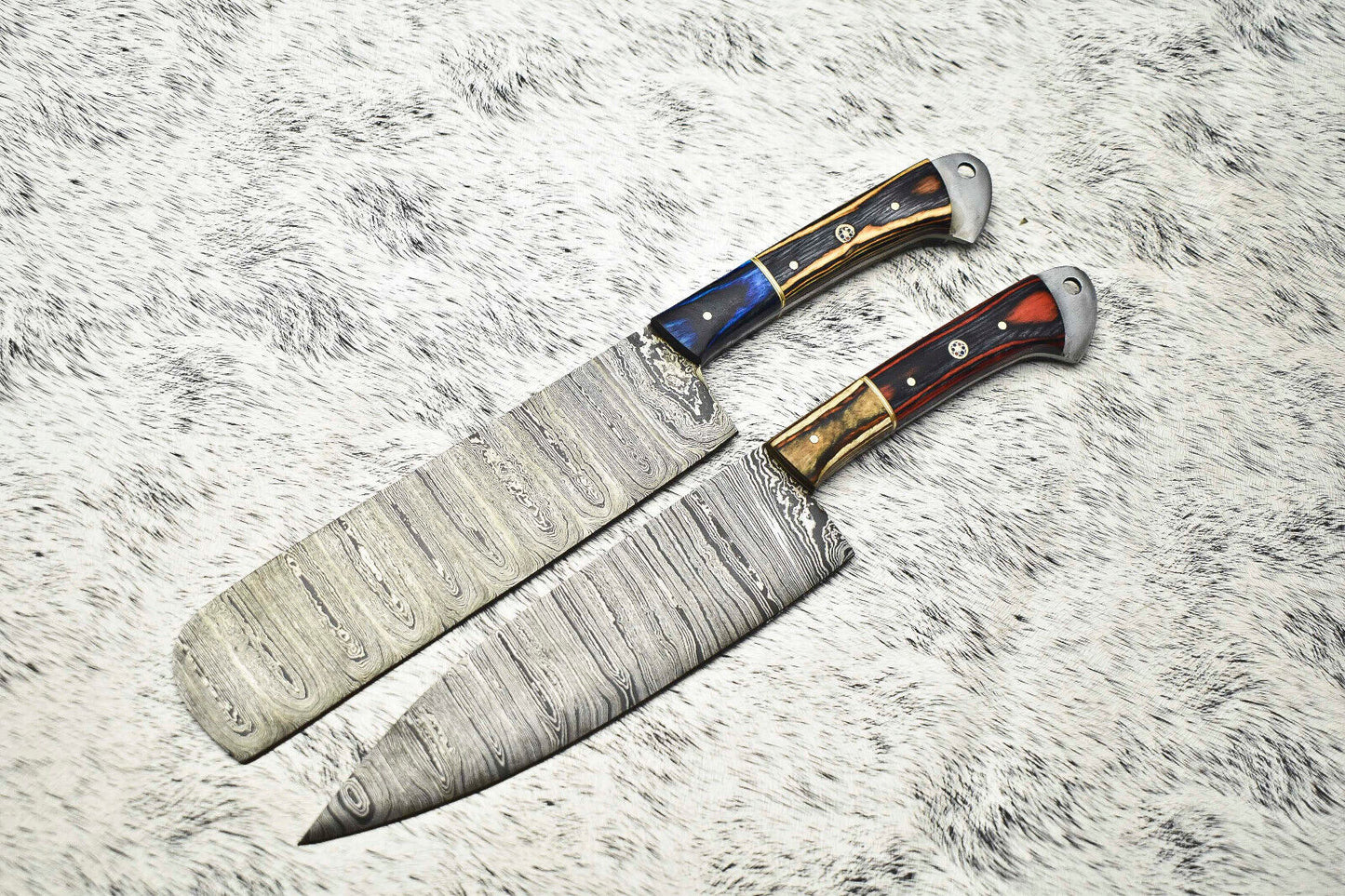 Lot of 2 Handmade Damascus Steel Blade Chef Knives – Full Tang Kitchen Set