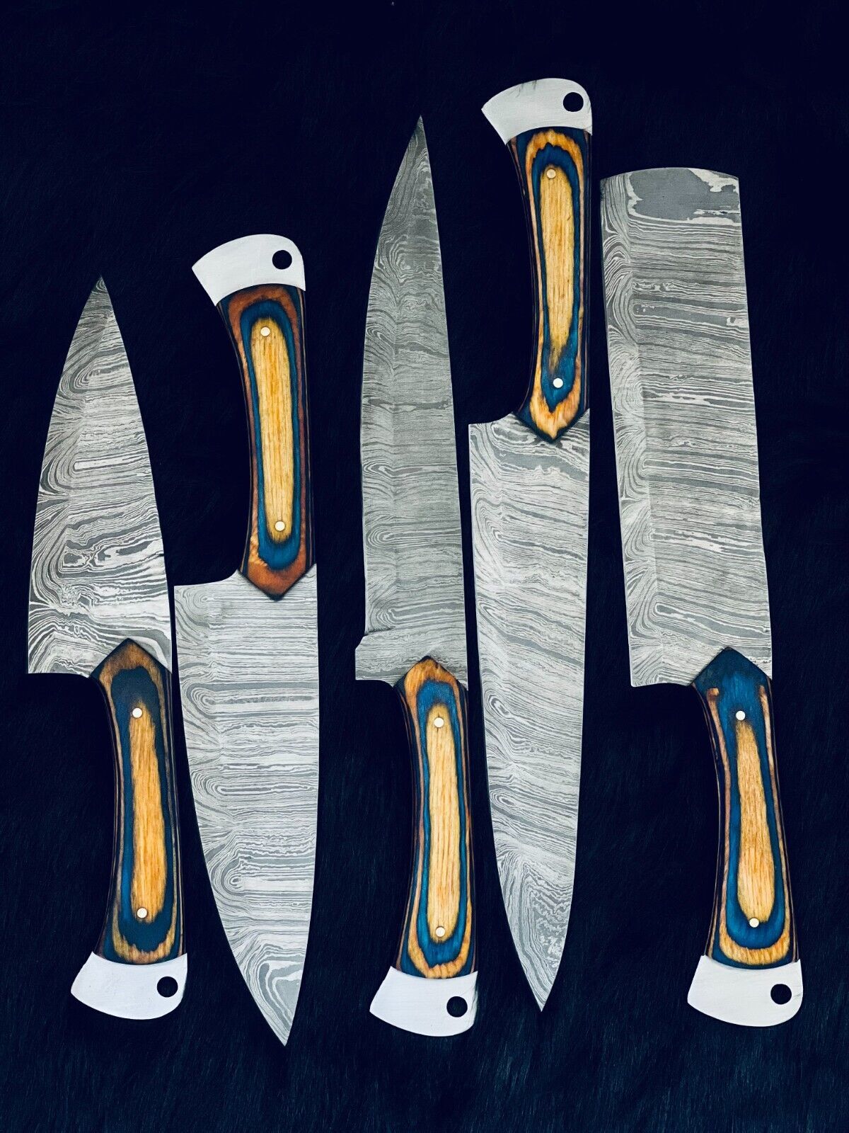 9" to 13" Custom Handmade Damascus Steel Chef Set Kitchen Knives with Stained Camel Bone & Wood Handle