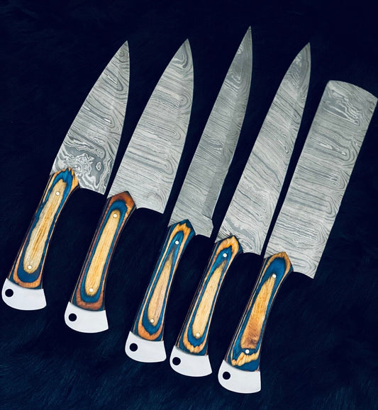 9" to 13" Custom Handmade Damascus Steel Chef Set Kitchen Knives with Stained Camel Bone & Wood Handle