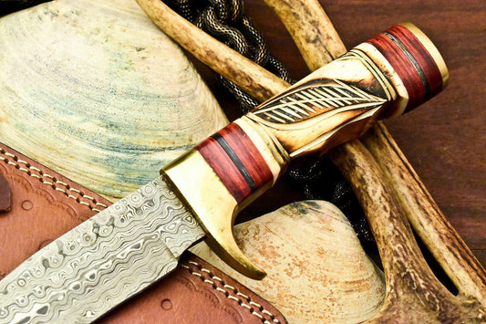 Damascus Steel Bowie Knife – Handmade Hunting Blade with Stained Camel Bone Handle