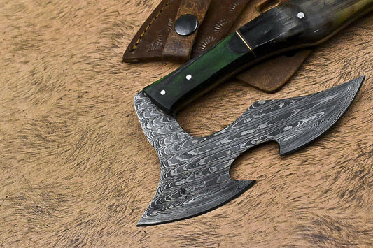 Handmade Damascus Steel Axe Hunting Clever Chopper Knife with Wooden Handle and Leather Sheath