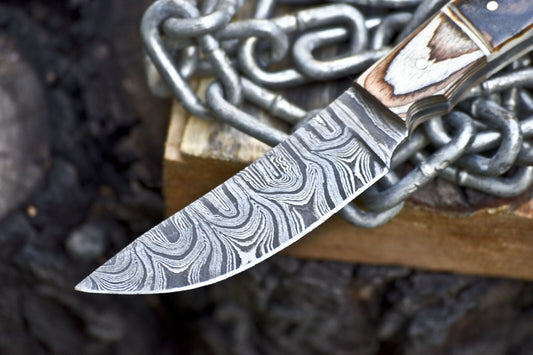 Forged Skinner Knife Twist Damascus Bone Handle Wooden Bolster Camping Knife