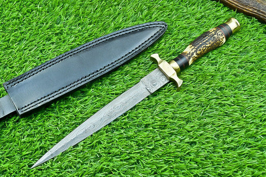 12" Damascus Dagger Bowie Knife – Stag Antler Handle with Brass Bolster