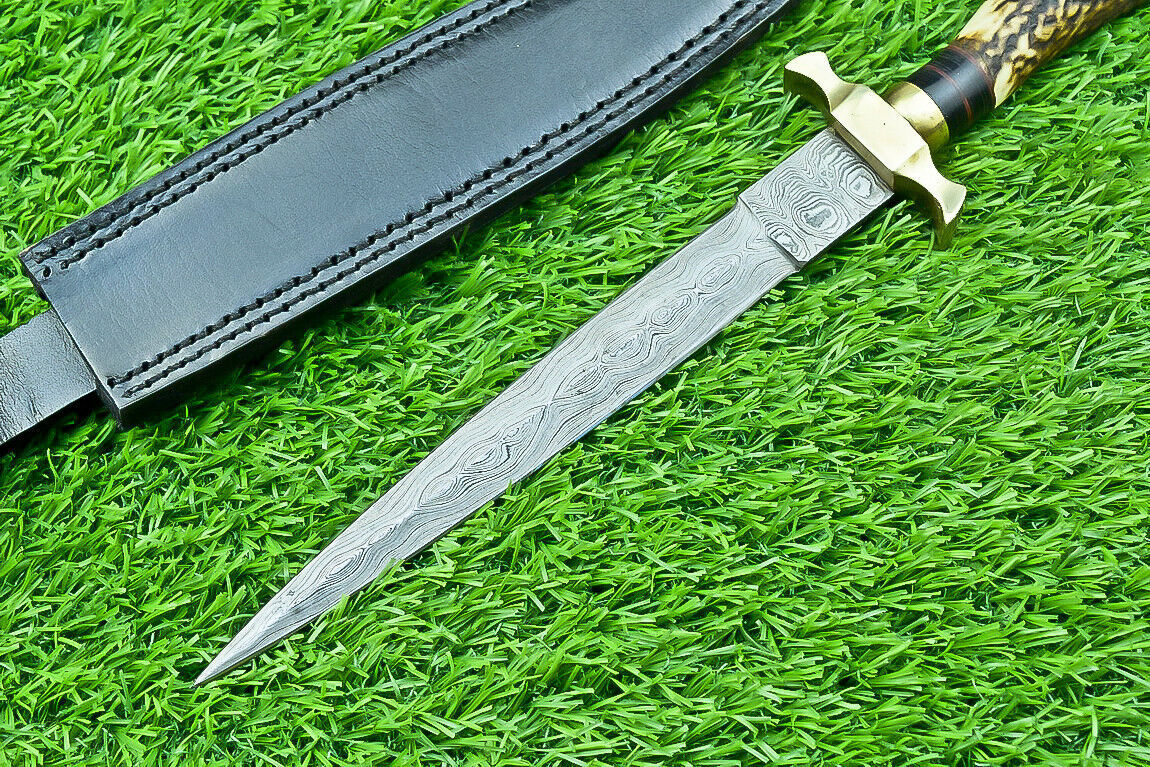 12" Damascus Dagger Bowie Knife – Stag Antler Handle with Brass Bolster