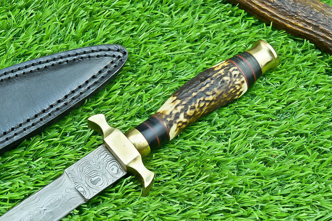 12" Damascus Dagger Bowie Knife – Stag Antler Handle with Brass Bolster