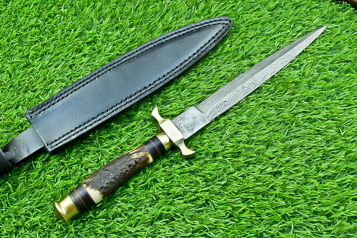 12" Damascus Dagger Bowie Knife – Stag Antler Handle with Brass Bolster