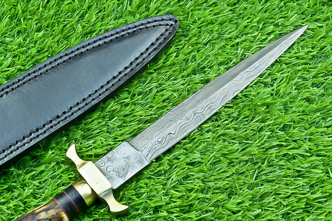 12" Damascus Dagger Bowie Knife – Stag Antler Handle with Brass Bolster