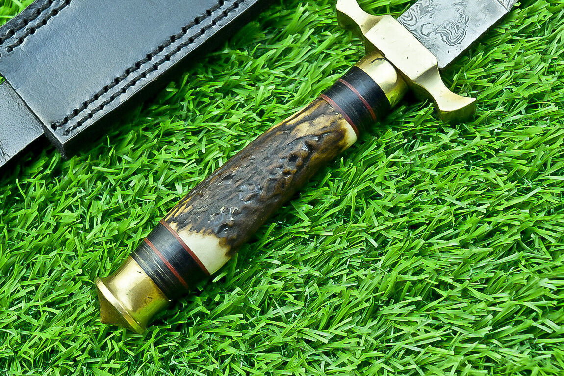 12" Damascus Dagger Bowie Knife – Stag Antler Handle with Brass Bolster