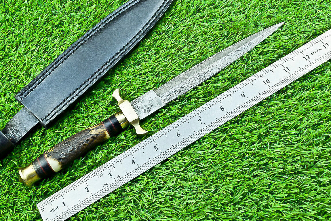 12" Damascus Dagger Bowie Knife – Stag Antler Handle with Brass Bolster