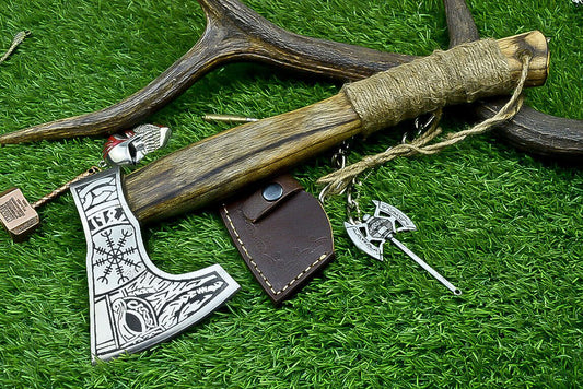 Custom Viking Tomahawk Axe – Handcrafted Carbon Steel Blade with Rosewood Handle and Leather Sheath, 14 Inch