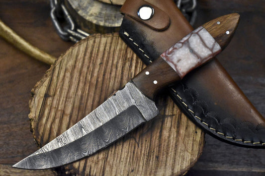 Hand Forged Twist Damascus Skinner Knife with Corain Handle for Camping and Hunting