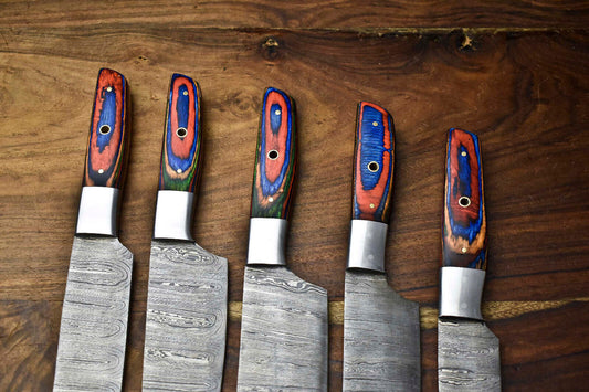 Custom Lot of 5 Handmade Hammered Damascus Steel Blade Chef Knife Set – 384 Layers