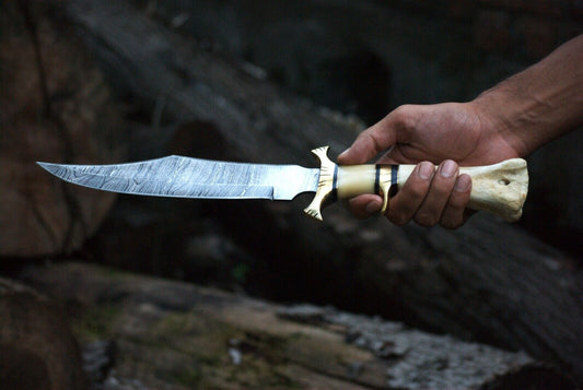 Exotic Camel Bone Damascus Steel Bowie Knife – 8" Clip Point Blade with Leather Sheath | Heritage Forge
