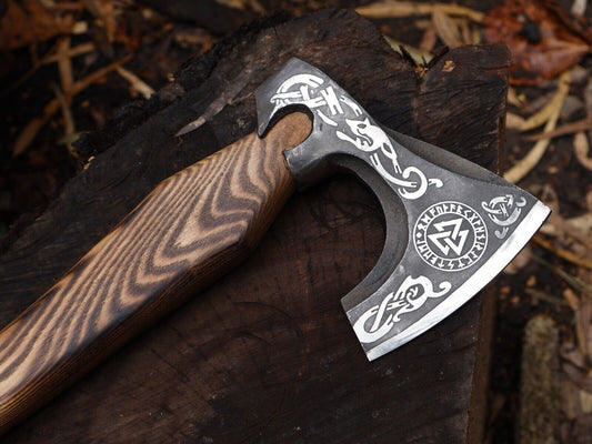 Hand Forged Carbon Steel Viking Tomahawk Axe with 18 Inch Ash Wood Handle and Leather Sheath