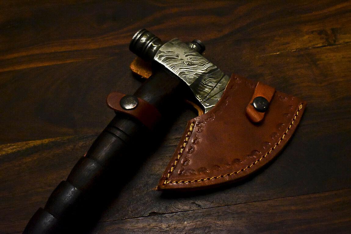 Handmade Damascus Axe Tomahawk with Walnut Wood Handle & Leather Sheath | Custom Damascus Steel Axe Pipe