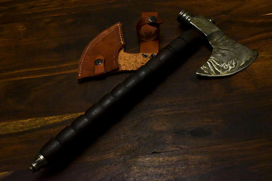 Handmade Damascus Axe Tomahawk with Walnut Wood Handle & Leather Sheath | Custom Damascus Steel Axe Pipe