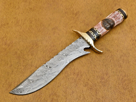 12" Handmade Damascus Steel Bowie Knife with Bone & Wood Handle and Brass Guard