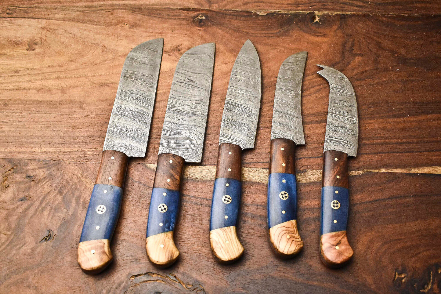 Custom Lot of 5 Handmade Hammered Damascus Steel Blade Chef Knife Set – Professional Forged Kitchen Knives