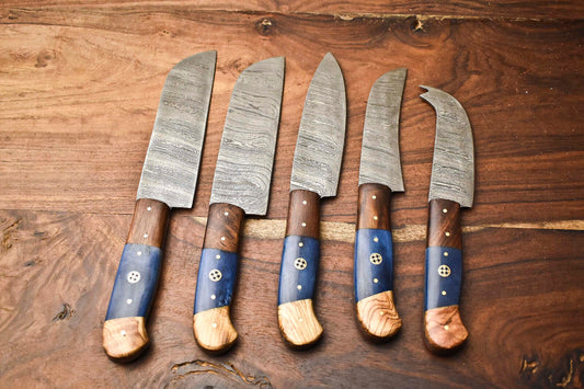 Custom Lot of 5 Handmade Hammered Damascus Steel Blade Chef Knife Set – Professional Forged Kitchen Knives