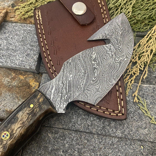 Handmade Forged Damascus Steel Gut Hook EDC Bowie Hunting Knife | Ram Horn Handle