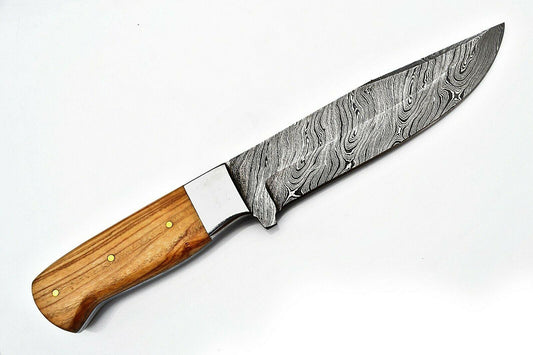 11.25" Handmade Damascus Steel Bowie – Olive Wood Handle & Leather Sheath