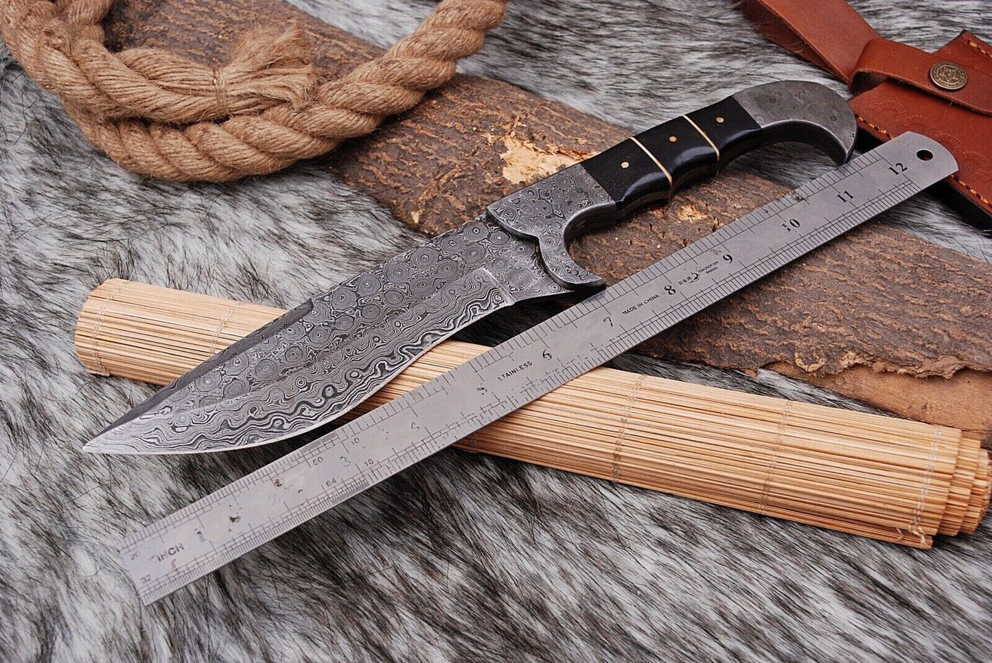Custom Handmade Damascus Steel Tracker Knife – 12" Hunting Survival Camping Butcher Skinning Blade with Leather Sheath