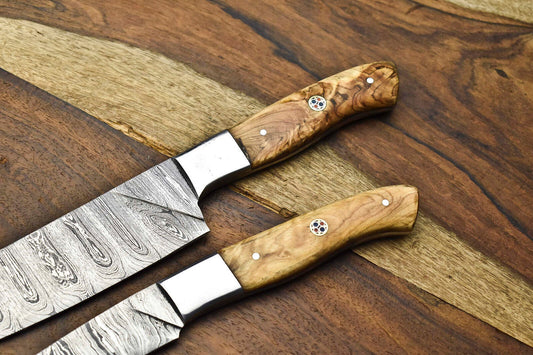 Set of 2 Handmade Damascus Steel Chef Knives – Full Tang Custom Kitchen Cutlery