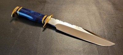 Custom Handmade D2 Steel Hunting Bowie Knife with Blue Resin Handle & Sheath